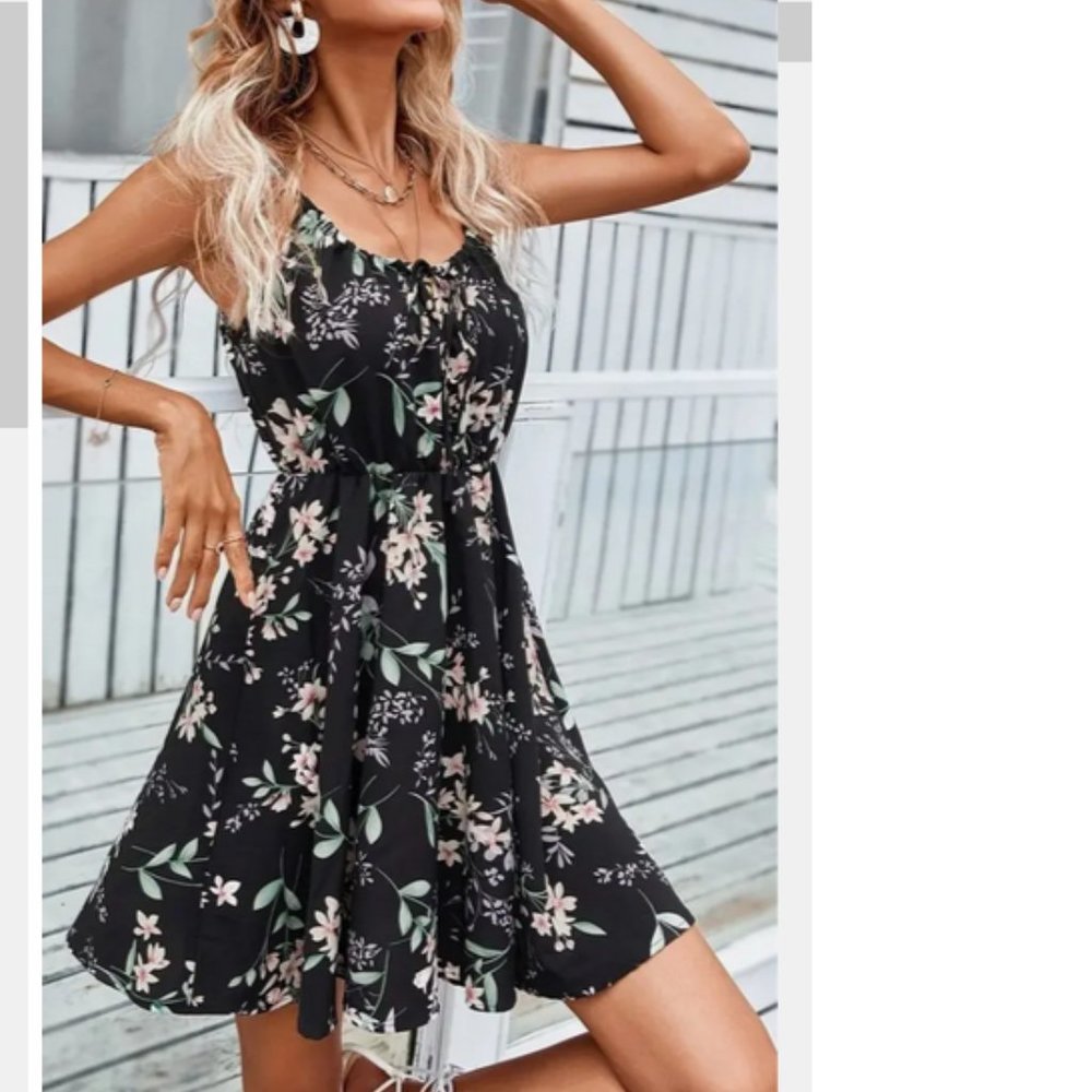New Black gathered Front Tie Floral Spaghetti strap Dress